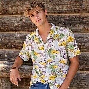 Denim & Flower Men's Tropical Floral Shirt with Flamingos Size Medium